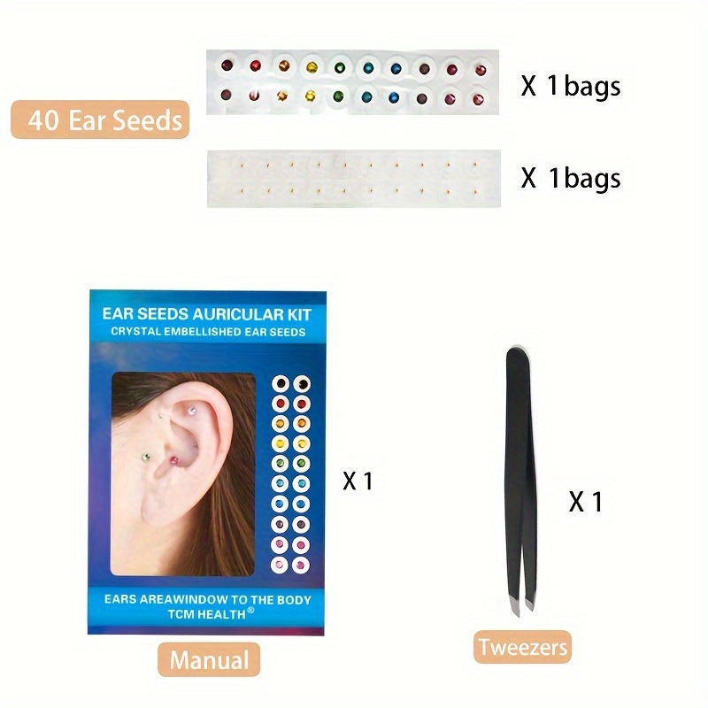 40pcs Colorful crystal Ear Care Seeds ear press seed Auricular Vaccaria seed Therapy Needle Patch with Manual Tweezers