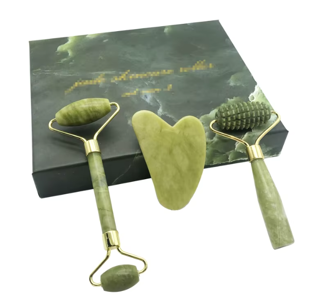 Chinese Medicine Natural Jade Facial Massage Gua Sha Board Set Green Jade Roller With Box