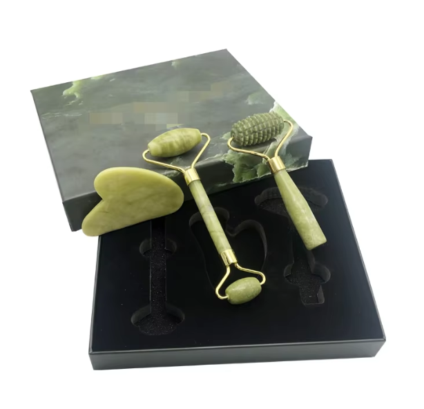 Chinese Medicine Natural Jade Facial Massage Gua Sha Board Set Green Jade Roller With Box