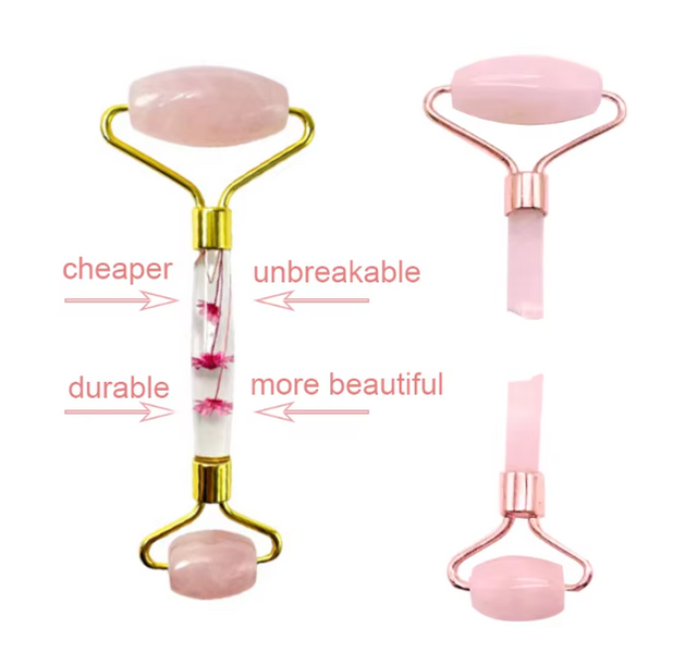 Value Vault 2024 High Quality Roller Massage Natural Anti Aging Transparent Acrylic Handle Rose Quartz Jade Roller